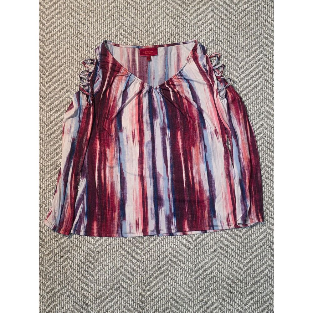 Jennifer Lopez Womens Abstract Stripe Cold Shoulder Strappy Blouse Top Large L